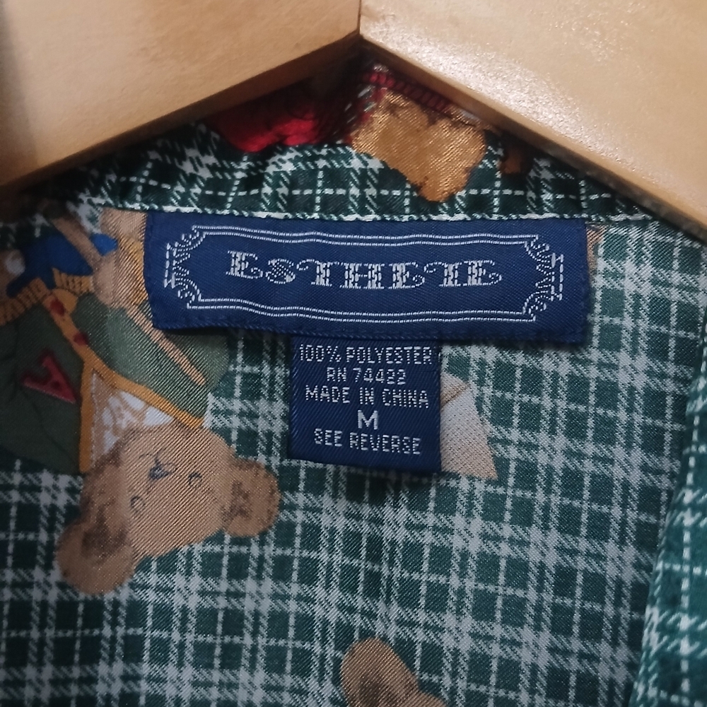 Green Vest Vintage Teddy Bear Wearing Cardigan Print Plaid Button Down Size M - Picture 3 of 4